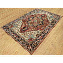 Load image into Gallery viewer, 6&#39;x9&#39;1&quot; Tanager Red With Club Navy Blue, Antiqued Fine Heriz, Re-creation, Hand Knotted All Wool Plush Pile, Densely Woven, Vegetable Dyes, Oriental Rug FWR543858