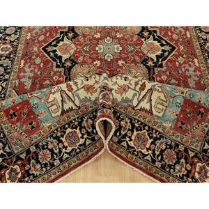 6'x9'1" Tanager Red With Club Navy Blue, Antiqued Fine Heriz, Re-creation, Hand Knotted All Wool Plush Pile, Densely Woven, Vegetable Dyes, Oriental Rug FWR543858