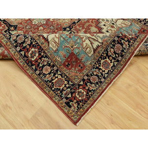 6'x9'1" Tanager Red With Club Navy Blue, Antiqued Fine Heriz, Re-creation, Hand Knotted All Wool Plush Pile, Densely Woven, Vegetable Dyes, Oriental Rug FWR543858