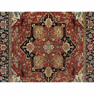 6'x9'1" Tanager Red With Club Navy Blue, Antiqued Fine Heriz, Re-creation, Hand Knotted All Wool Plush Pile, Densely Woven, Vegetable Dyes, Oriental Rug FWR543858
