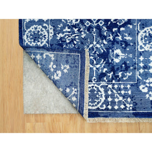 2'6"x8' Nova Blue, Borderless, Hand Knotted Tabriz, Tone on Tone Wool and Silk, All Over Leaf Design, Oriental, Runner Rug FWR543996
