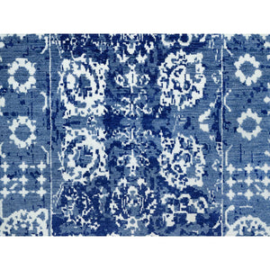 2'6"x8' Nova Blue, Borderless, Hand Knotted Tabriz, Tone on Tone Wool and Silk, All Over Leaf Design, Oriental, Runner Rug FWR543996