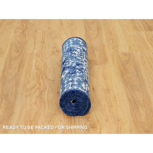 2'6"x8' Nova Blue, Borderless, Hand Knotted Tabriz, Tone on Tone Wool and Silk, All Over Leaf Design, Oriental, Runner Rug FWR543996