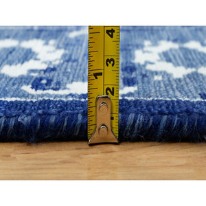 2'6"x8' Nova Blue, Borderless, Hand Knotted Tabriz, Tone on Tone Wool and Silk, All Over Leaf Design, Oriental, Runner Rug FWR543996