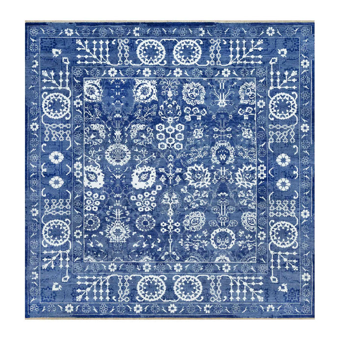 10'x10' Kensington Blue, Hand Knotted, Tone on Tone, Tabriz with All Over Leaf Motifs, Wool and Silk, Oriental, Square Rug FWR544014