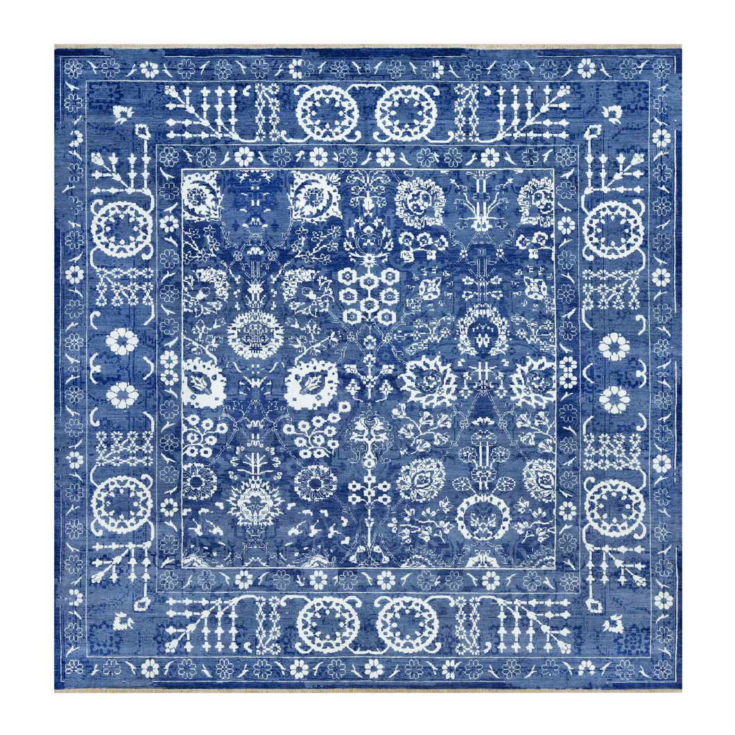 10'x10' Kensington Blue, Hand Knotted, Tone on Tone, Tabriz with All Over Leaf Motifs, Wool and Silk, Oriental, Square Rug FWR544014