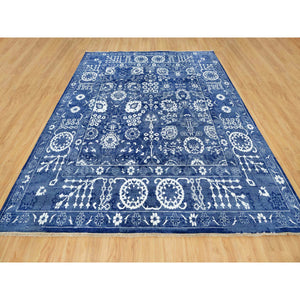 10'x10' Kensington Blue, Hand Knotted, Tone on Tone, Tabriz with All Over Leaf Motifs, Wool and Silk, Oriental, Square Rug FWR544014