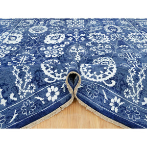 10'x10' Kensington Blue, Hand Knotted, Tone on Tone, Tabriz with All Over Leaf Motifs, Wool and Silk, Oriental, Square Rug FWR544014