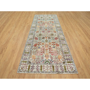 4'2"x10' Eggnog White, Silk With Textured Wool, Soft And Plush, Hand Knotted, Denser Weave, Directional Vase Design, Wide Runner Oriental Rug FWR544050