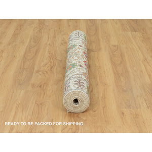 4'2"x10' Eggnog White, Silk With Textured Wool, Soft And Plush, Hand Knotted, Denser Weave, Directional Vase Design, Wide Runner Oriental Rug FWR544050