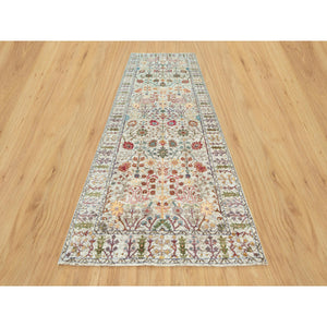 4'1"x12' Jet Stream White, Denser Weave, Hand Knotted Directional Vase Design, Silk With Textured Wool, Soft And Plush, Oriental Wide Runner Rug FWR544068