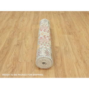 4'1"x12' Jet Stream White, Denser Weave, Hand Knotted Directional Vase Design, Silk With Textured Wool, Soft And Plush, Oriental Wide Runner Rug FWR544068