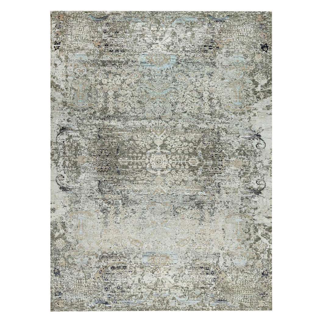 9'x12' Trafalgar Gray, Hand Knotted Transitional Persian Influence Erased Medallion Design, Silk with Textured Wool, Oriental Rug FWR544074