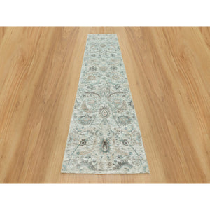 2'6"x10' Futon White, Soft Silk With Textured Wool Pile, Hand Knotted Sickle Leaf Design, Densely Woven, Runner Oriental Rug FWR544098