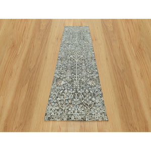 2'4"x8'1" Peppercorn Gray, Hand Knotted Borderless, Silk With Textured Wool, Willow And Cypress Tree Design, Oriental Runner Rug FWR544104