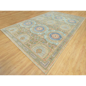 11'6"x18'1" Edamame Brown, Mamluk Design with Geometric Medallions, Textured Wool and Silk, Hand Knotted Oriental Oversized Rug FWR544134