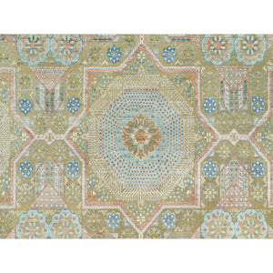 11'6"x18'1" Edamame Brown, Mamluk Design with Geometric Medallions, Textured Wool and Silk, Hand Knotted Oriental Oversized Rug FWR544134