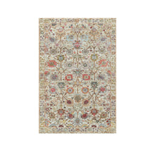 Load image into Gallery viewer, 3&#39;x5&#39; Eggnog White, Colorful Hand Knotted Plush and Lush Soft Pile, Silk With Textured Wool, Tabriz Vase With Flower Design, Densely Woven, Oriental Rug FWR544146