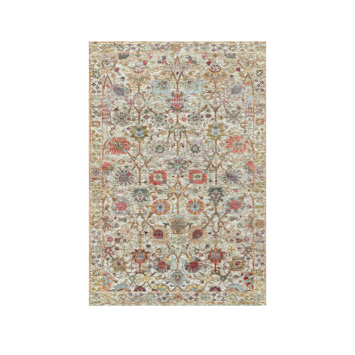 3'x5' Eggnog White, Colorful Hand Knotted Plush and Lush Soft Pile, Silk With Textured Wool, Tabriz Vase With Flower Design, Densely Woven, Oriental Rug FWR544146