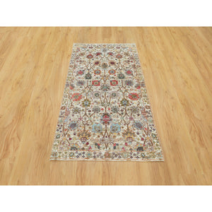 3'x5' Eggnog White, Colorful Hand Knotted Plush and Lush Soft Pile, Silk With Textured Wool, Tabriz Vase With Flower Design, Densely Woven, Oriental Rug FWR544146