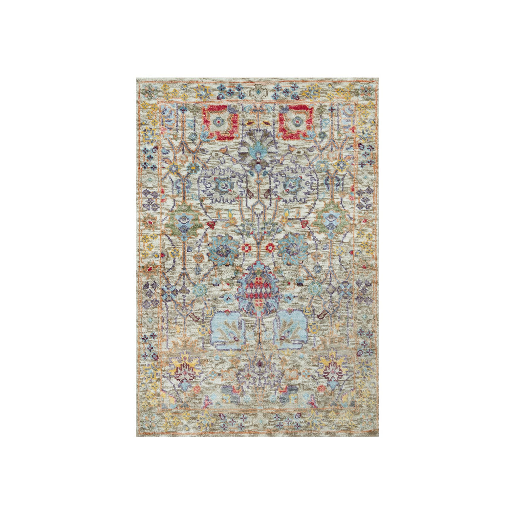 2'x3' Ivory Lace, Tabriz Vase With Flower Design, Hand Knotted Colorful Silk With Textured Wool, Denser Weave, Plush and Lush Soft Pile, Oriental Mat Rug FWR544164