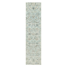 Load image into Gallery viewer, 2&#39;5&quot;x10&#39; Pristine White, Borderless, Denser Weave Sickle Leaf Design, Lush and Plush Silk With Textured Wool Soft Pile, Hand Knotted, Oriental Runner Rug FWR544182