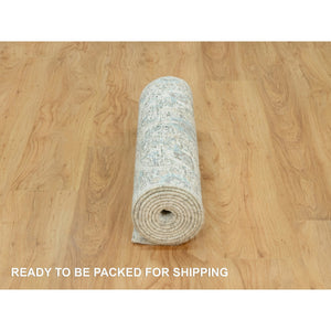 2'5"x10' Pristine White, Borderless, Denser Weave Sickle Leaf Design, Lush and Plush Silk With Textured Wool Soft Pile, Hand Knotted, Oriental Runner Rug FWR544182