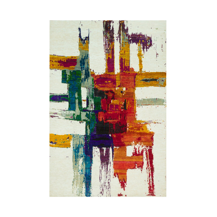 6'x9' Whisper White, Hand Knotted, Wool and Sari Silk, Colorful Modern Design Abstract Motifs Painter's Brush Strokes, Oriental Rug FWR544200