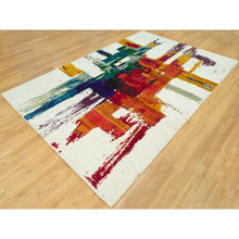 Load image into Gallery viewer, 6&#39;x9&#39; Whisper White, Hand Knotted, Wool and Sari Silk, Colorful Modern Design Abstract Motifs Painter&#39;s Brush Strokes, Oriental Rug FWR544200