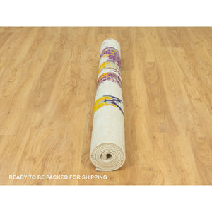 6'x9' Whisper White, Hand Knotted, Wool and Sari Silk, Colorful Modern Design Abstract Motifs Painter's Brush Strokes, Oriental Rug FWR544200