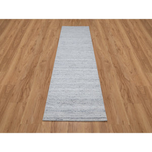 2'7"x8' Ice Gray, Modern Striae Design, Tone on Tone, Soft Pile, Natural Wool, Hand Loomed, Runner, Oriental Rug FWR544362