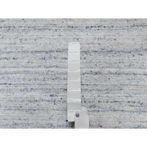 2'7"x8' Ice Gray, Modern Striae Design, Tone on Tone, Soft Pile, Natural Wool, Hand Loomed, Runner, Oriental Rug FWR544362