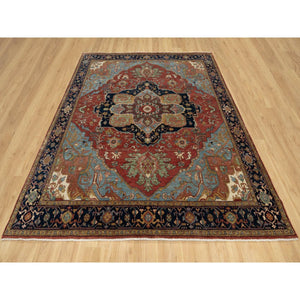 8'1"x8'1" Scarlet Red, Antiqued Fine Heriz Re-creation With Large Medallion Design, Hand Spun New Zealand Wool, Hand Knotted, Denser Weave, Square, Oriental Rug FWR544386