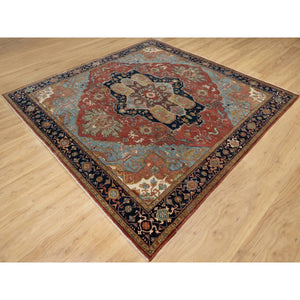 8'1"x8'1" Scarlet Red, Antiqued Fine Heriz Re-creation With Large Medallion Design, Hand Spun New Zealand Wool, Hand Knotted, Denser Weave, Square, Oriental Rug FWR544386