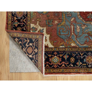 8'1"x8'1" Scarlet Red, Antiqued Fine Heriz Re-creation With Large Medallion Design, Hand Spun New Zealand Wool, Hand Knotted, Denser Weave, Square, Oriental Rug FWR544386