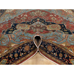 8'1"x8'1" Scarlet Red, Antiqued Fine Heriz Re-creation With Large Medallion Design, Hand Spun New Zealand Wool, Hand Knotted, Denser Weave, Square, Oriental Rug FWR544386