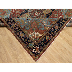 8'1"x8'1" Scarlet Red, Antiqued Fine Heriz Re-creation With Large Medallion Design, Hand Spun New Zealand Wool, Hand Knotted, Denser Weave, Square, Oriental Rug FWR544386