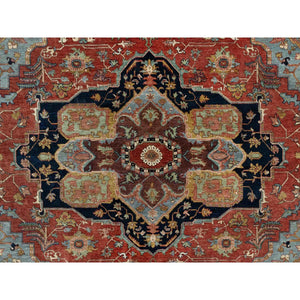 8'1"x8'1" Scarlet Red, Antiqued Fine Heriz Re-creation With Large Medallion Design, Hand Spun New Zealand Wool, Hand Knotted, Denser Weave, Square, Oriental Rug FWR544386