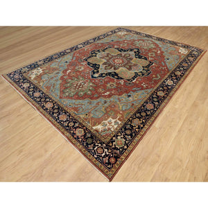 8'9"x12'2" Brick Red, Hand Knotted, Antiqued Fine Heriz Re-Creation with Center Medallion Design, Hand Spun New Zealand Wool, Denser Weave, Natural Dyes, Oriental Rug FWR544392