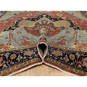 8'9"x12'2" Brick Red, Hand Knotted, Antiqued Fine Heriz Re-Creation with Center Medallion Design, Hand Spun New Zealand Wool, Denser Weave, Natural Dyes, Oriental Rug FWR544392