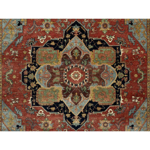 8'9"x12'2" Brick Red, Hand Knotted, Antiqued Fine Heriz Re-Creation with Center Medallion Design, Hand Spun New Zealand Wool, Denser Weave, Natural Dyes, Oriental Rug FWR544392
