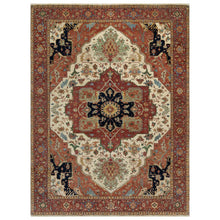 Load image into Gallery viewer, 9&#39;2&quot;x12&#39;1&quot; Cream Ivory and Crimson Red, Hand Knotted, Antiqued Fine Heriz Re-Creation with Geometric Medallion Design, Densely Woven, Hand Spun New Zealand Wool, Oriental Rug FWR544410