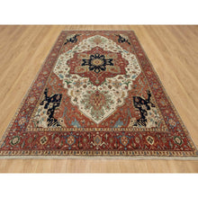 Load image into Gallery viewer, 9&#39;2&quot;x12&#39;1&quot; Cream Ivory and Crimson Red, Hand Knotted, Antiqued Fine Heriz Re-Creation with Geometric Medallion Design, Densely Woven, Hand Spun New Zealand Wool, Oriental Rug FWR544410