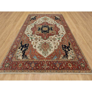 9'2"x12'1" Cream Ivory and Crimson Red, Hand Knotted, Antiqued Fine Heriz Re-Creation with Geometric Medallion Design, Densely Woven, Hand Spun New Zealand Wool, Oriental Rug FWR544410