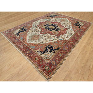 9'2"x12'1" Cream Ivory and Crimson Red, Hand Knotted, Antiqued Fine Heriz Re-Creation with Geometric Medallion Design, Densely Woven, Hand Spun New Zealand Wool, Oriental Rug FWR544410