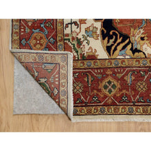 Load image into Gallery viewer, 9&#39;2&quot;x12&#39;1&quot; Cream Ivory and Crimson Red, Hand Knotted, Antiqued Fine Heriz Re-Creation with Geometric Medallion Design, Densely Woven, Hand Spun New Zealand Wool, Oriental Rug FWR544410