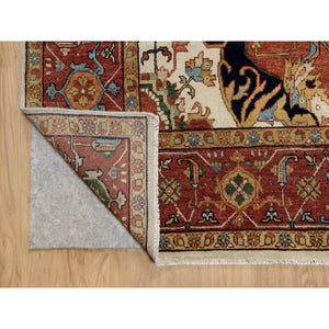 9'2"x12'1" Cream Ivory and Crimson Red, Hand Knotted, Antiqued Fine Heriz Re-Creation with Geometric Medallion Design, Densely Woven, Hand Spun New Zealand Wool, Oriental Rug FWR544410