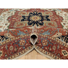 Load image into Gallery viewer, 9&#39;2&quot;x12&#39;1&quot; Cream Ivory and Crimson Red, Hand Knotted, Antiqued Fine Heriz Re-Creation with Geometric Medallion Design, Densely Woven, Hand Spun New Zealand Wool, Oriental Rug FWR544410
