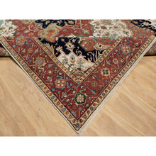 Load image into Gallery viewer, 9&#39;2&quot;x12&#39;1&quot; Cream Ivory and Crimson Red, Hand Knotted, Antiqued Fine Heriz Re-Creation with Geometric Medallion Design, Densely Woven, Hand Spun New Zealand Wool, Oriental Rug FWR544410