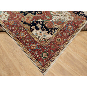 9'2"x12'1" Cream Ivory and Crimson Red, Hand Knotted, Antiqued Fine Heriz Re-Creation with Geometric Medallion Design, Densely Woven, Hand Spun New Zealand Wool, Oriental Rug FWR544410